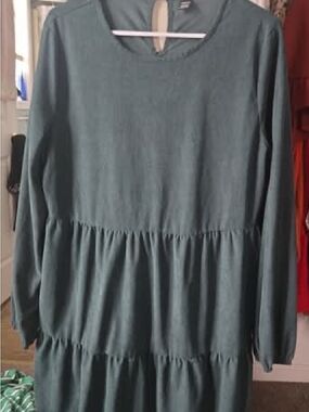 SHEIN Long Sleeve Tiered Tunic Dress - Teal